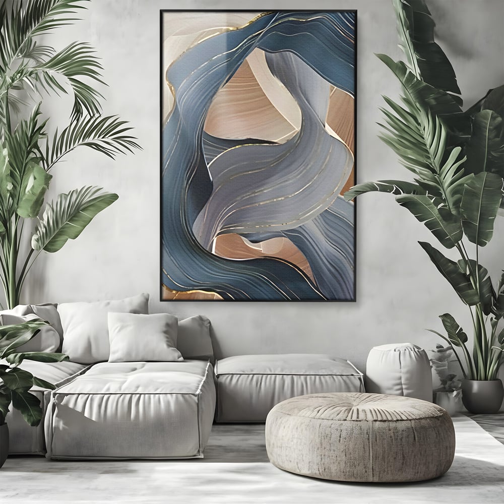 Tablou canvas cu pictura abstracta cu valuri ondulate, in rama de aluminiu negru, pe perete intr-un living